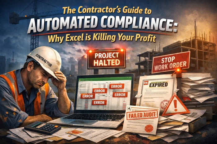 Automated compliance dashboard showing compliance score, document tracking, and expiry alerts for construction contractors