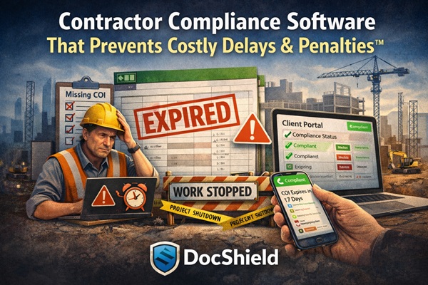Automated compliance dashboard showing compliance score, document tracking, and expiry alerts for construction contractors