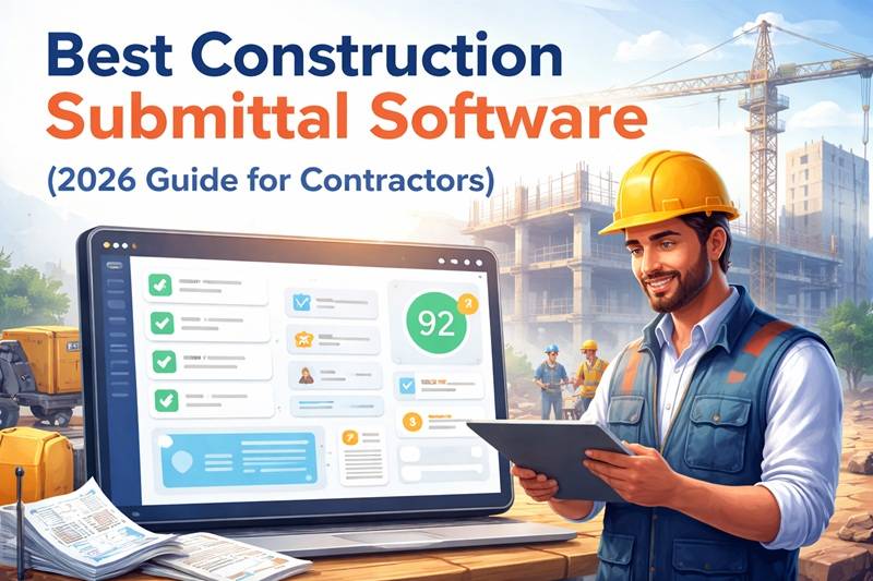 Construction submittal software dashboard showing approval tracking, version control, and WhatsApp alerts